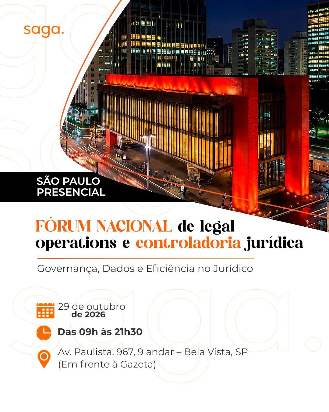 Arte do Fórum Nacional de Legal Operations e Controladoria Jurídica, 29 de outubro de 2026, em São Paulo